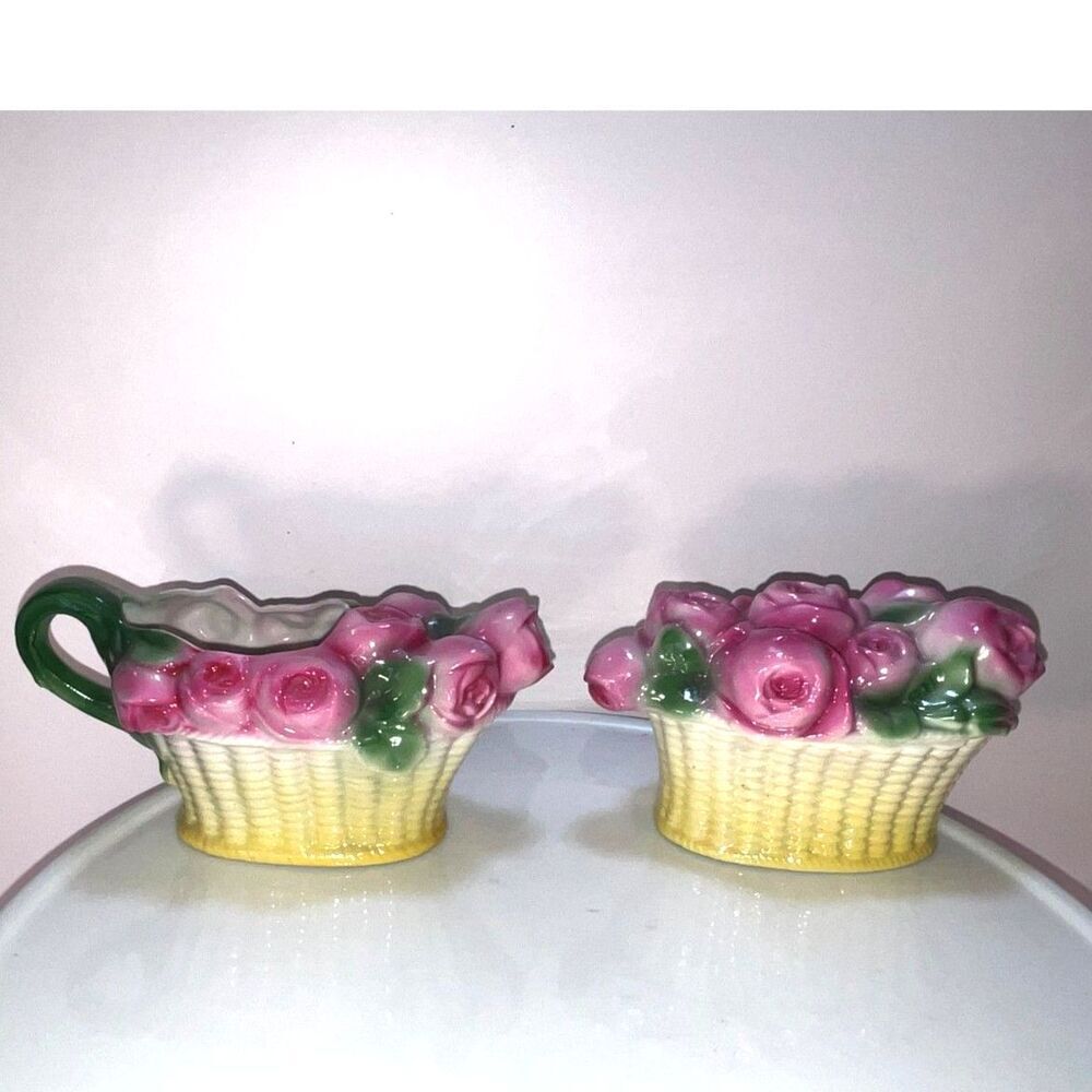 Beautiful vintage roses in relief creamer and sugar bowl made in Germany